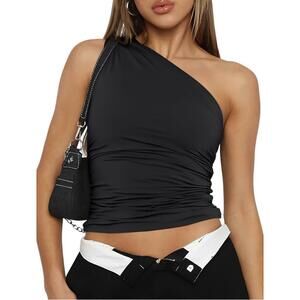 90s Y2K Black One Shoulder Tank Top Trendy Queen Medium Built In Bra